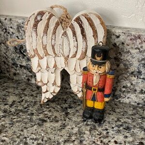 Wooden Nutcracker and Angel Wings Ornament Set